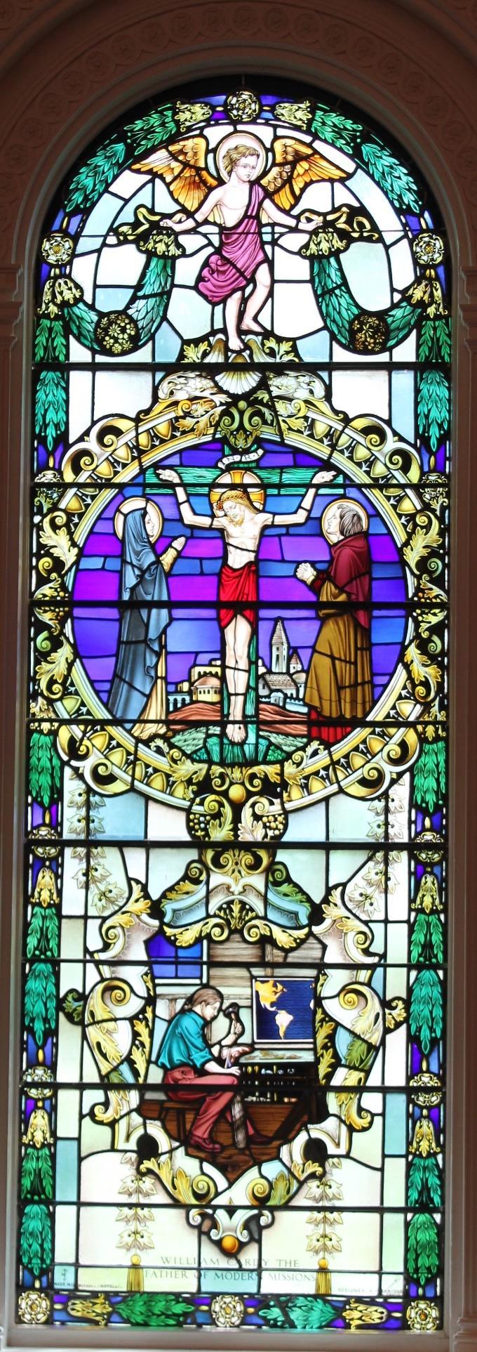 (Third Window on right side facing Chancel) Upper Medallion: Christ on the Cross Luke 23:33 Lower Medallion: William Carey A shoemaker by