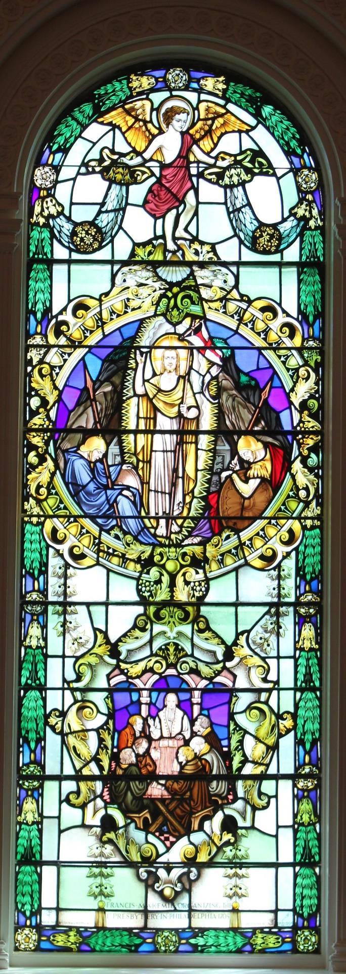(Second Window on right side facing Chancel) Upper Medallion: The Resurrection of Jesus Christ 1 Corinthians 15:20 Lower Medallion: Francis Makemie The first Presbytery