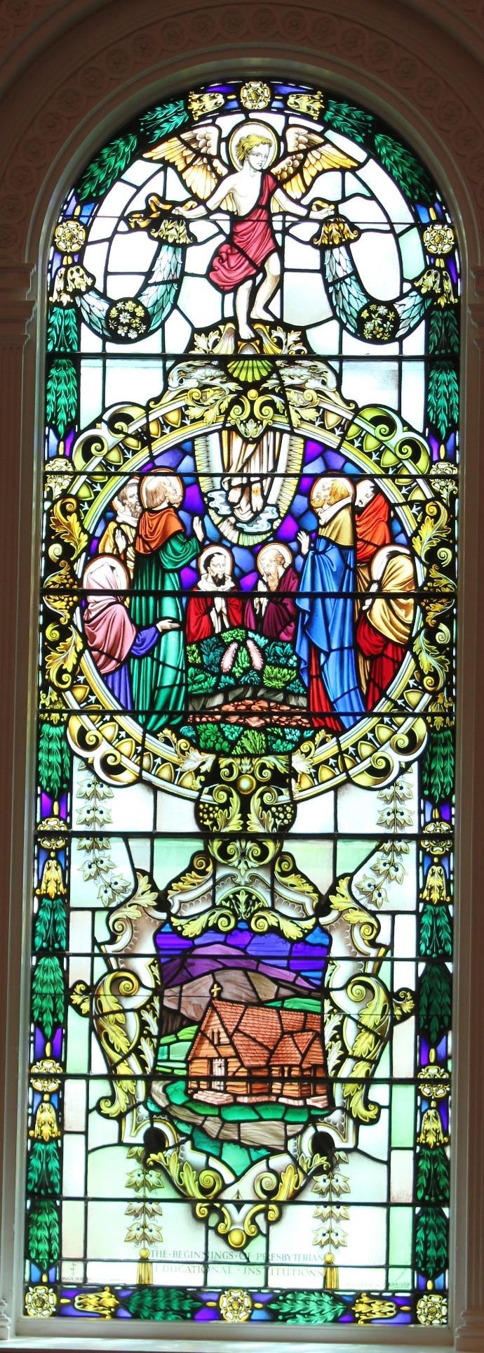 (First Window on right side facing Chancel) Upper Medallion: The Ascension of Christ Acts 1:9 Lower Medallion: Beginning of Christian Education The