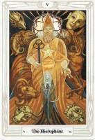 V. Hierophant or Pope. After the father, the Fool child has come of age to meet a higher authority than his parents. In the 15th century when the Tarot first appeared, this was the Pope.