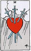 M I N O R A R C A N A THREE of SWORDS A bleeding heart. Betrayal. Deceived. Heartache. Heart of the matter. Inner conflict. Necessary cutting. Painful situation. Pay attention. Self examination.