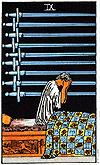 M I N O R A R C A N A NINE of SWORDS Agony. Anxiety. Confusion. Contradiction. Dark night of the soul. Denial. Extreme stress. Fear. Self-delusion. The nightmare card. Worry. Bed.