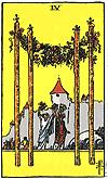 M I N O R A R C A N A FOUR of WANDS Abundant harvest. Celebrations. Firm foundations. Growth. Homecoming. Partnership. Prosperity. Rest. Security. Arch. Castle. Flowers. Grape/grapevines.