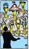 M I N O R A R C A N A SEVEN of CUPS Not everything that glitters is gold. Daydreams. Fantasy. Illusion card. Imagination. Indecision. Longing. Magic. Possibilities. Too many options. Back turned.