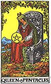 M I N O R A R C A N A QUEEN of PENTACLES Classy. Confident. Doting. Intuitive. Kind. Loving. Motherly. Picky. Practical. Responsible. Stylish. Cloak. Crown. Flowers. Mountain. Rabbit. Ram. Throne.