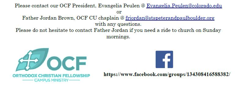 The OCF of CU welcomes all college students to join the OCF Ministry. The annual Winter Retreat is coming up in a few weeks. Father Jordan will be on campus for our Tuesday Evening Fellowship.