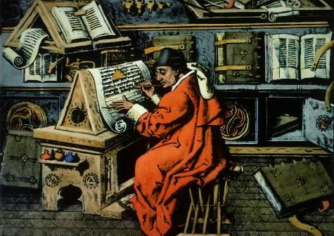 Monk in a Scriptorium Many of the books used for education in medieval Europe were reproduced by monks.