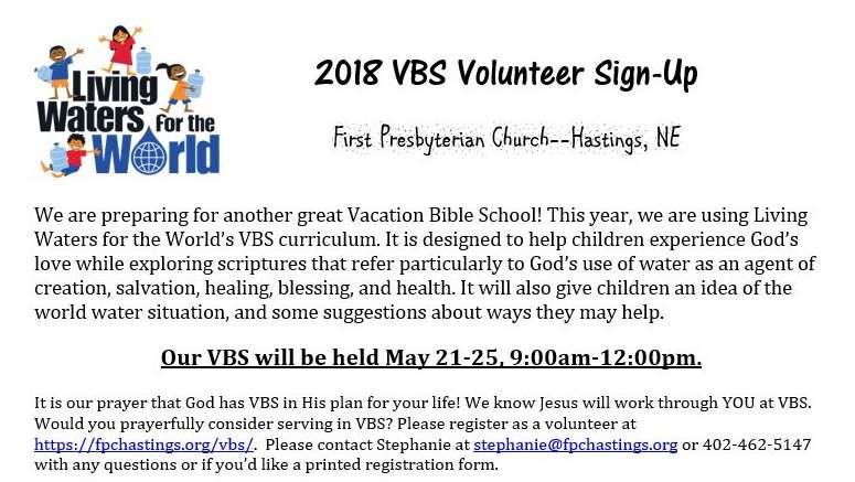 Volunteers are still needed: Presbyterian Women Upcoming Events: April 28 Spring Gathering: Minden, NE, 9:00 AM-1:30 PM -
