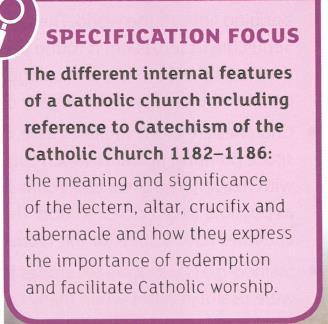 How internal features facilitate Catholic worship Inside a typical church, there are many features, which are very important to Christians in their worship.