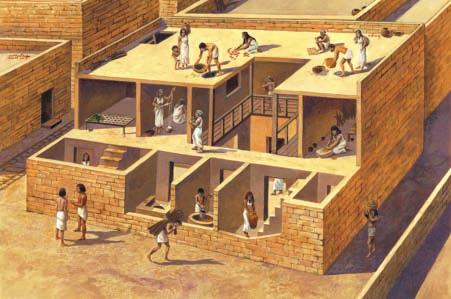 Most houses had flat roofs and were built with mud bricks that were baked in ovens. Some houses were larger than others, but they all had a similar layout.