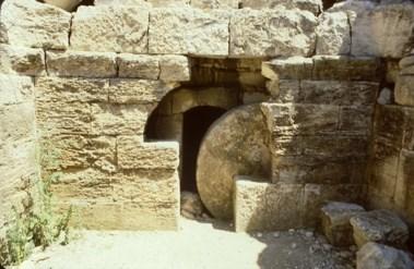 Rolling stone tomb in Jerusalem: This tomb has been identified as the Herod family tomb. Herod died about 4 B.C.