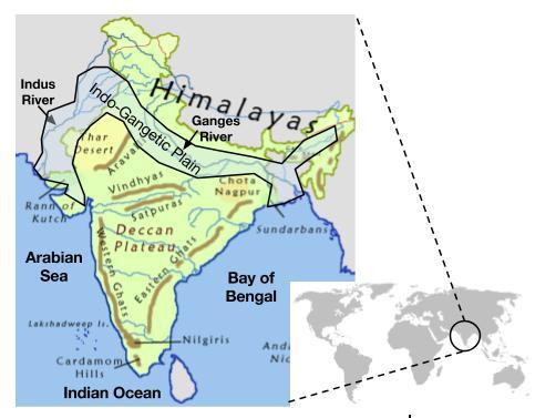 India s Location and Geography Directions: Examine the map below and read the brief description of India s geography, then answer the questions that follow India is a modern-day country located in