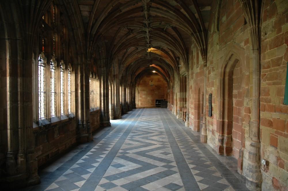 The cloisters at Worcester Cathedral On our previous visit I'd photographed the stained glass in the cathedral cloister, which depicts the history of the English church with special reference to