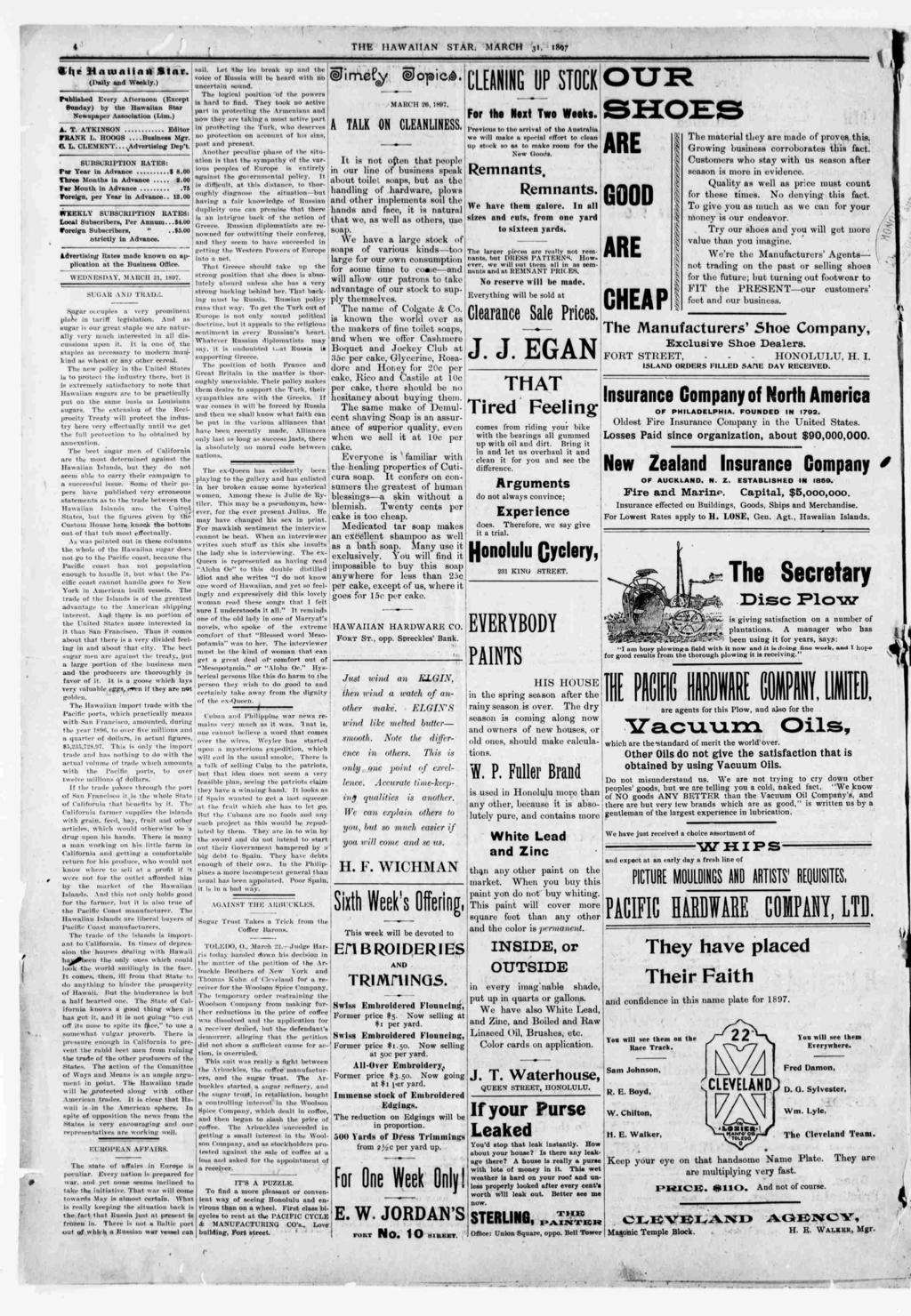 r k f a c HnunnVSnv. (Rally and Weekly.) Publshed Every Afernoon (Excep Bundny) by ho llawallan Sar Newspaper Assocaon (Lm.) A. T. ATKNSON Edor THANK L. OOQS...Busness Mgr. G. L. CLEMENT....Adversng Dcp.