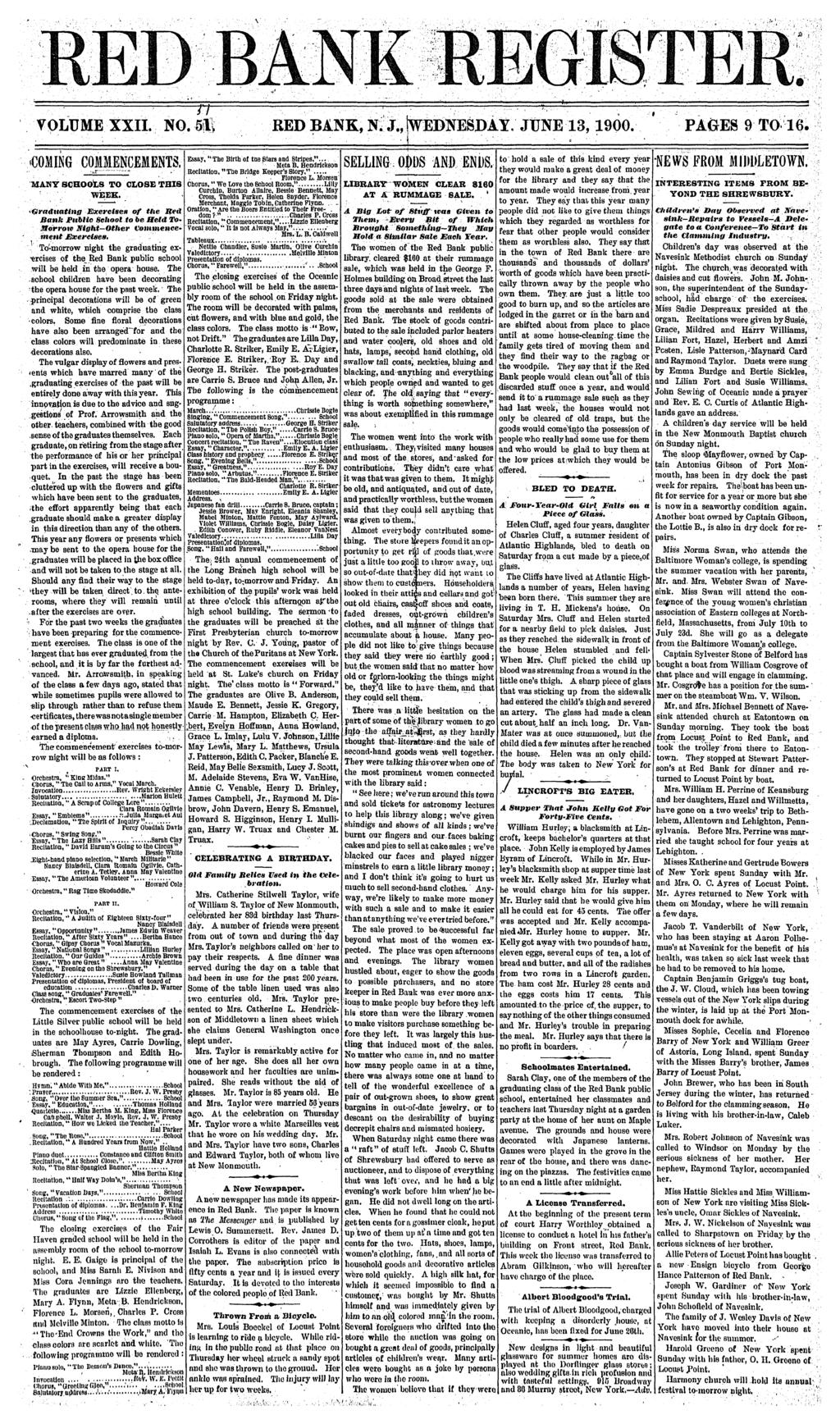 RED BANK VOLUME XXII. NO. 5l> RED BANK, N. : J., (WEDNESDAY JUNE 13,1900. PAGES 9 TO 16. COMING COMMENCEMENTS, MANY SCHOOLS TO CLOSE THIS ;./ WEEK.