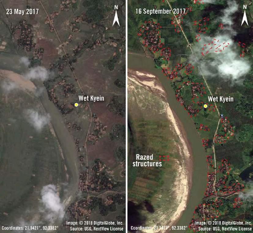 The village of Wet Kyein consists of many clusters of structures dispersed along the river and fields. On 16 September 2017, imagery shows most structures had been razed in the area.