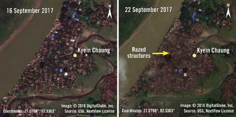 By 22 September, these areas had likewise been burned down. On 16 September 2017, imagery shows much of Kyein Chaung village has been razed.