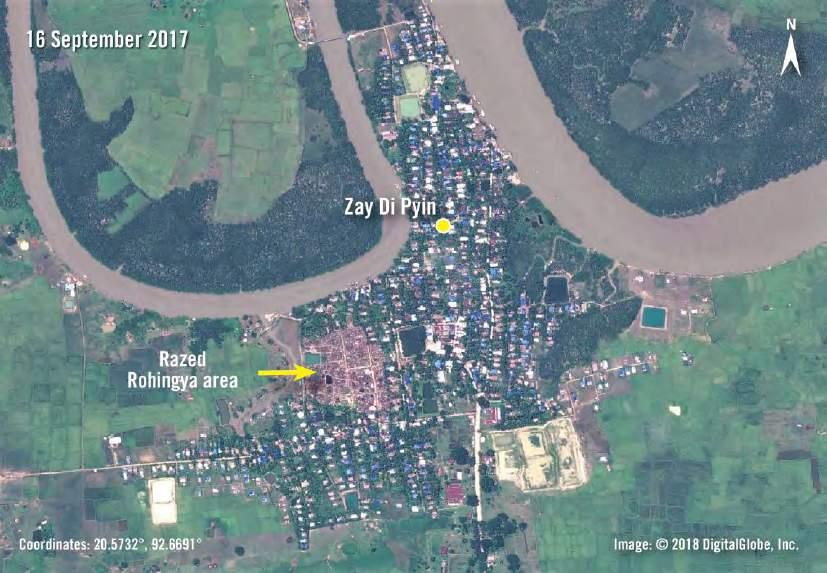 Comparing imagery from 27 December 2016 and 16 September 2017, a section of Zay Di Pyin village appears razed by fire. Zay Di Pyin is a mixed-ethnicity village.