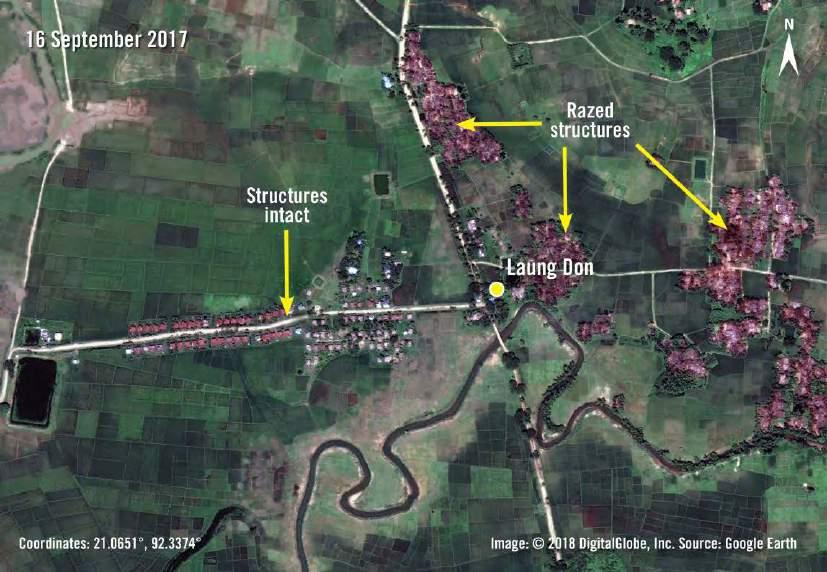Imagery from 21 January 2017 shows Laung Don village tract. Well organized structures, many with metal roofs, are located on the west side of the village tract.
