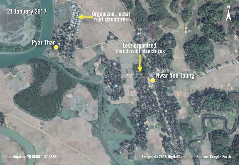 Finally, in Pyar Thar and Nwar Yon Taung villages, Maungdaw Township, an analysis of satellite imagery shows again an organized village with new metal roof structures not burned; the
