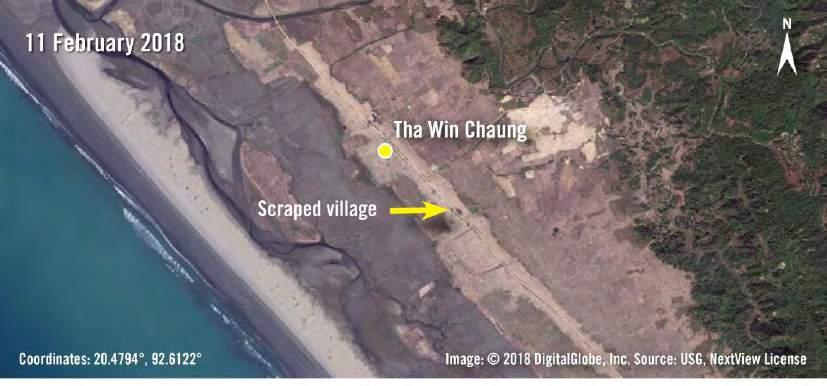 Imagery from 27 December 2016 shows the village of Tha Win Chaung intact. Imagery from 7 January 2018 shows that most of the structures have been razed by fire.