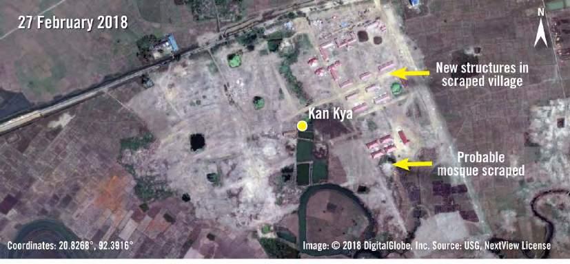 Imagery from 25 October 2017 shows razed structures in Kan Kya, less than two kilometres east of Maungdaw town.