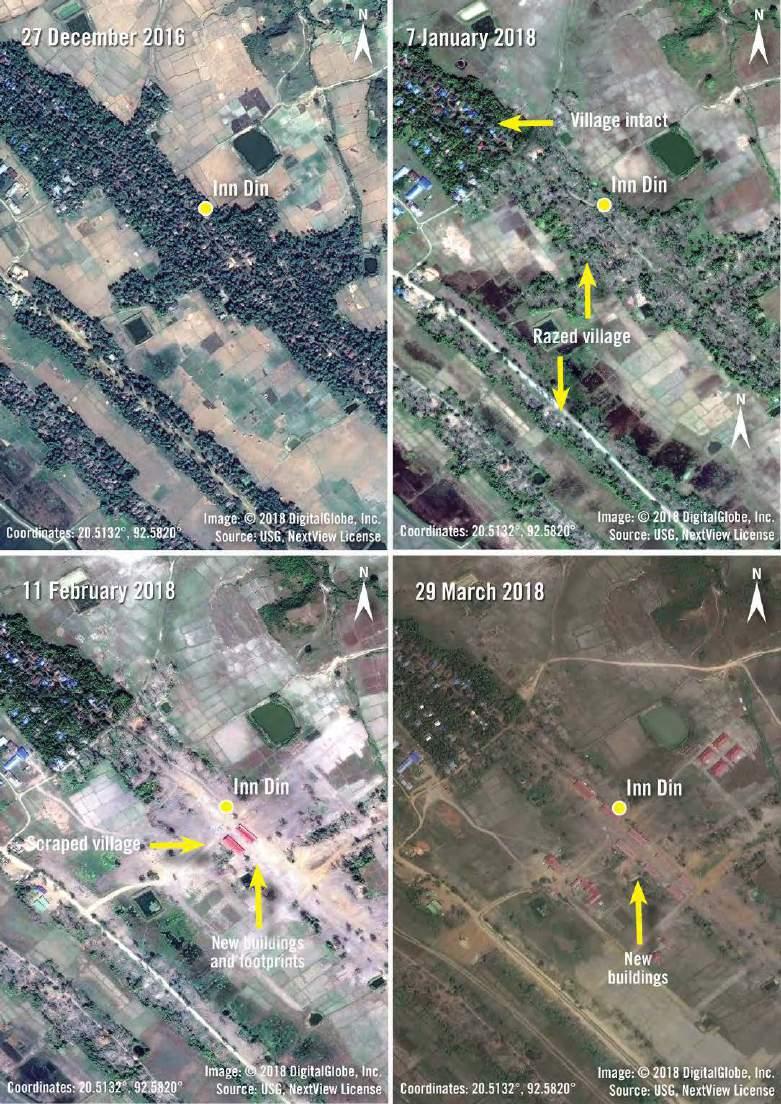 Imagery from 27 December 2016 shows Inn Din before the mass burning of villages occurred in August 2017.