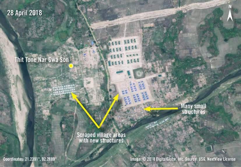 On 5 November 2017, imagery shows the burned village of Thit Tone Nar Gwa Son. On 28 April 2018, the village has been scraped and over 160 new metal-roof structures are visible.