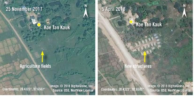 On 25 November 2017, imagery shows the southern part of the Koe Tan Kauk group of villages. New structures are visible in imagery from 5 April 2018.