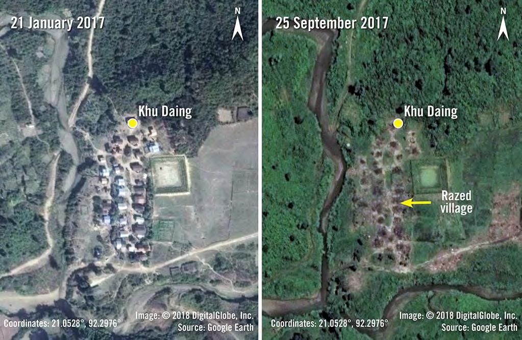 Imagery from 21 January 2017 shows Khu Daing, a small village in the hills. On 25 September 2017, the village appears razed.