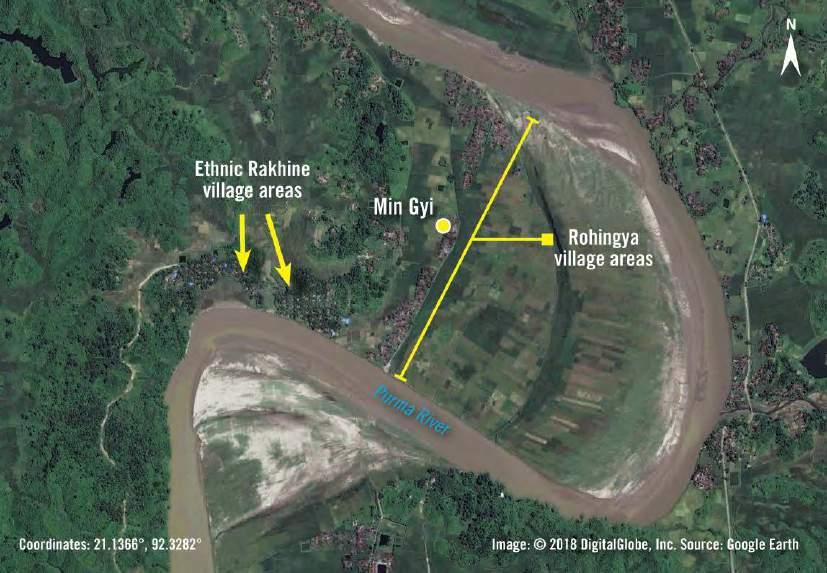 Satellite imagery shows the geography of Min Gyi village. The Rohingya area of the village is surrounded by the Purma River on the north, east, and south.
