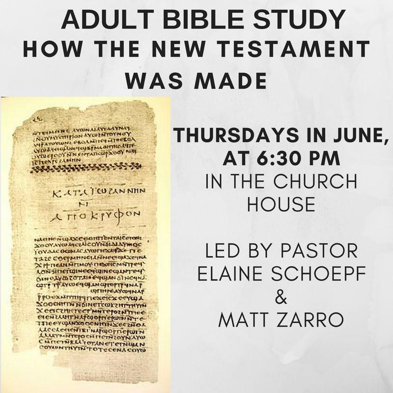 Join us for an ADULT BIBLE STUDY Explore how the New Testament was made. We will use The Great Courses videos and have discussions. Thursdays in July at in the.
