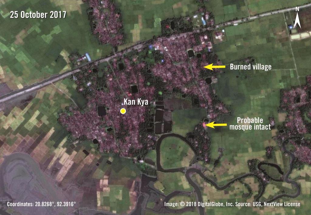 Imagery from 25 October 2017, shows burned structures in Kan Kya, less than two