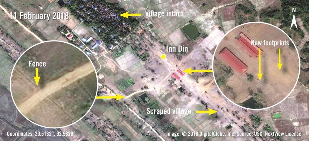 Imagery from 27 December 2016, shows Inn Din before the mass burnings occurred in August 2017. On 7 January 2018, the northern village appears intact while the southern section is razed.