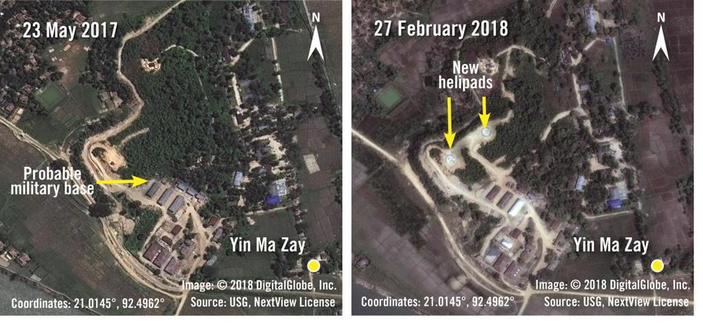 Imagery in February 2018 of Hla Poe Kaung and Pa Da Kar Ywar Thit villages in Maungdaw Township shows newly built helipads.