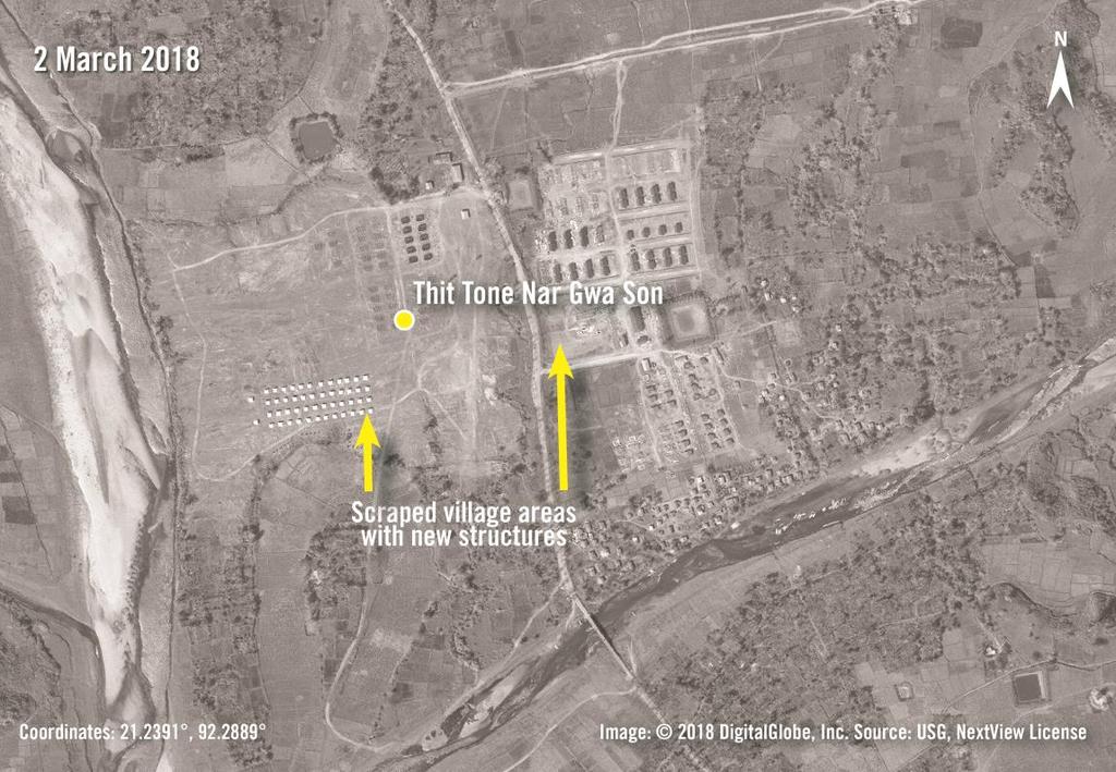 On 5 November 2017, imagery shows the heavily burned village of Thit Tone Nar Gwa Son. On 2 March 2018, the village has been scraped and new structures are visible.