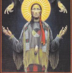 His open hands deliver the Son, a victorious Sioux warrior whose raised arms and open hands reflect a similar gesture of self-giving.