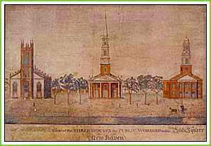 "A Large View of the Three Houses of Public Worship on the Public Square, New Haven,"