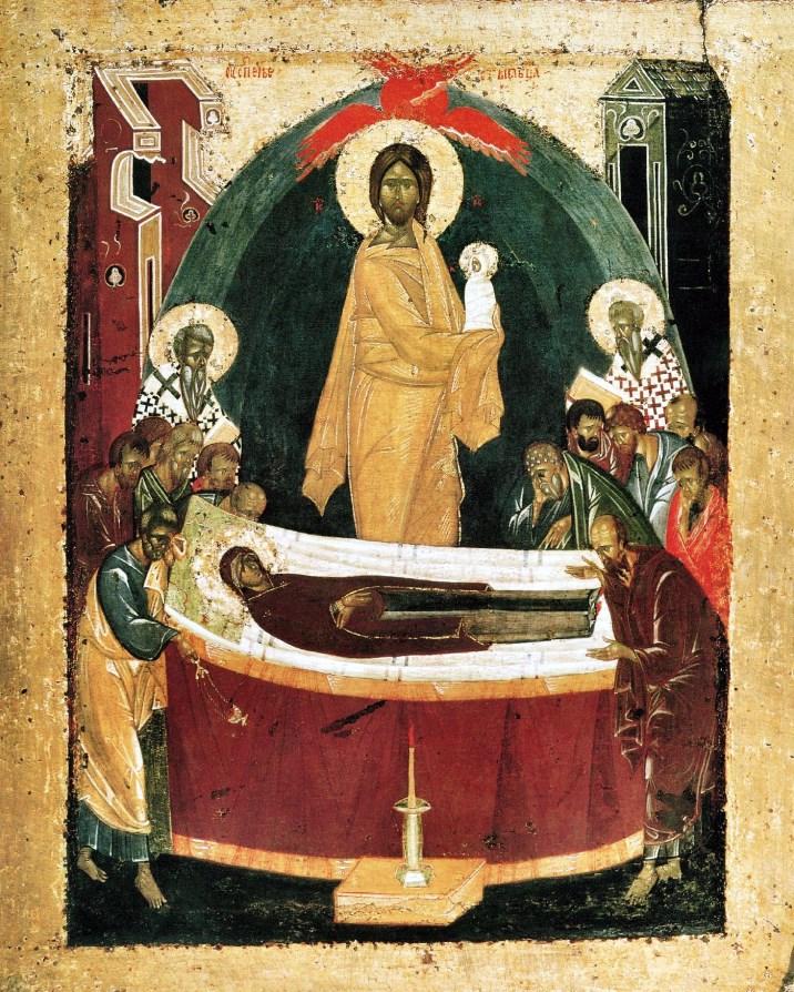At the time of her death, the disciples of our Lord who were preaching throughout the world returned to Jerusalem to see the Theotokos.