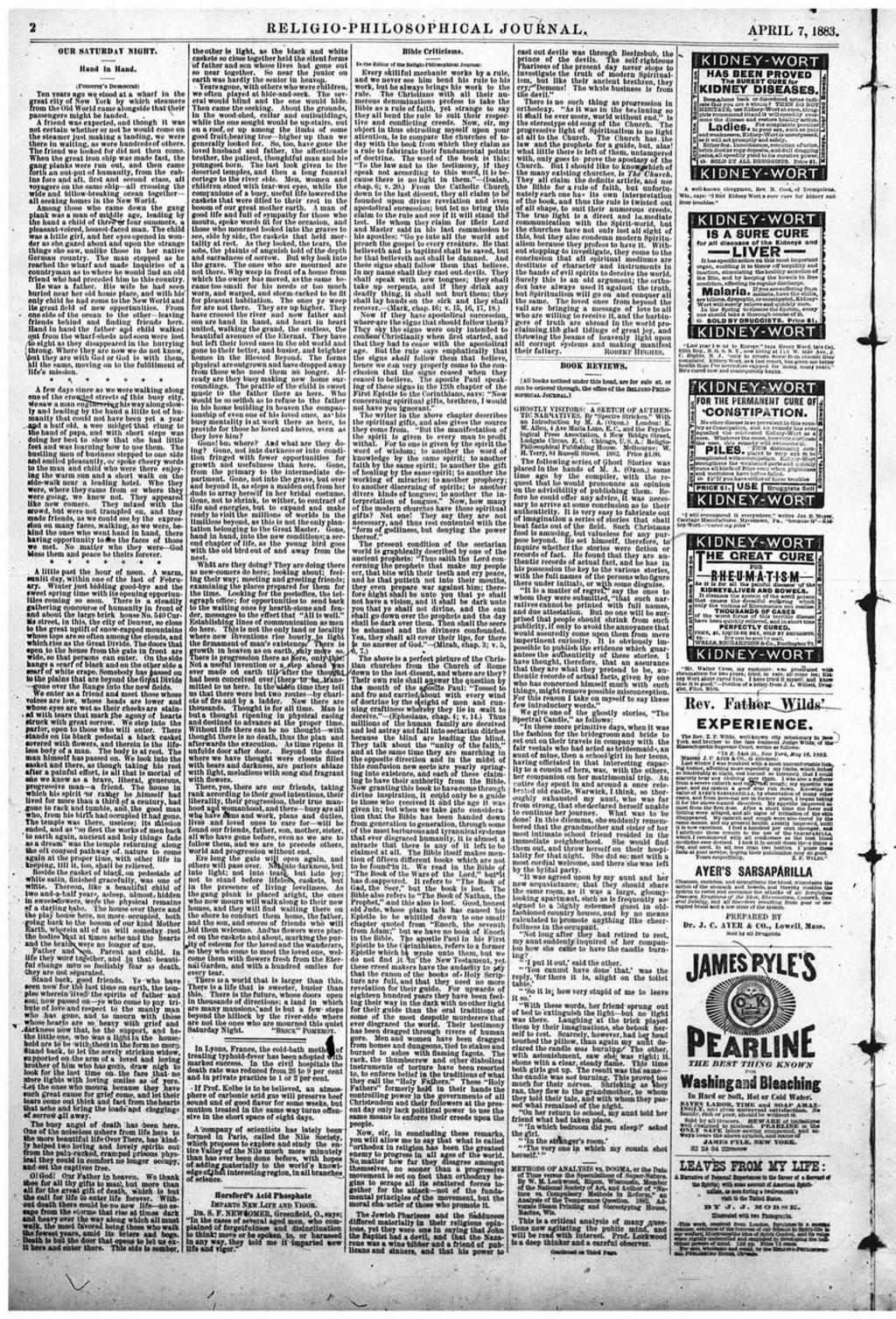 2 RELIGIO-PHILOSOPHICAL JOURNAL APRIL 7,1883. Ol!t SA T U B D.lT NK1IIT.