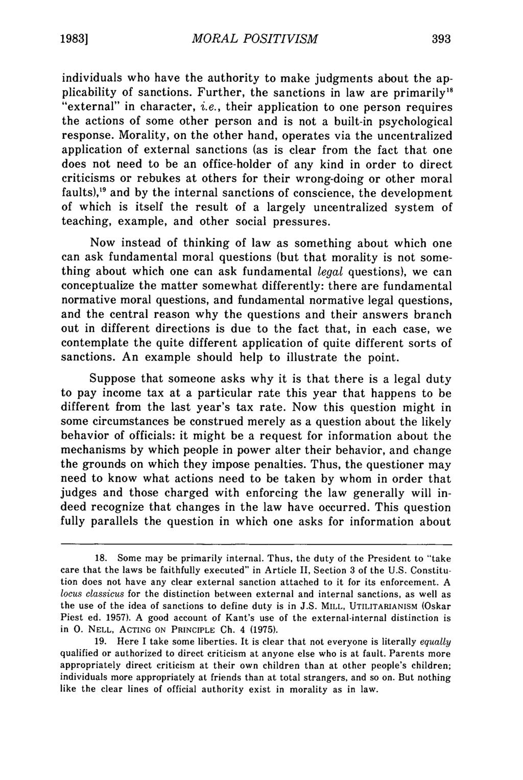 1983] Johnson: Moral Positivism and the Internal Legality of Morals MORAL POSITIVISM individuals who have the authority to make judgments about the applicability of sanctions.
