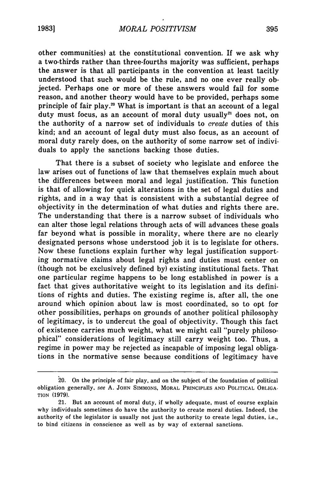 Johnson: Moral Positivism and the Internal Legality of Morals 1983] MORAL POSITIVISM 395 other communities) at the constitutional convention.