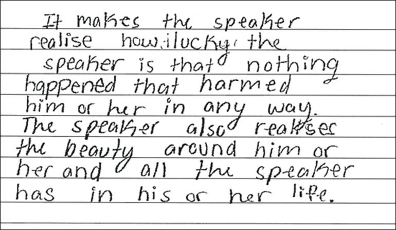 Scorer Comments: The first response describes what happens to the speaker of the poem, but the explanation of what the speaker realizes afterward is general.
