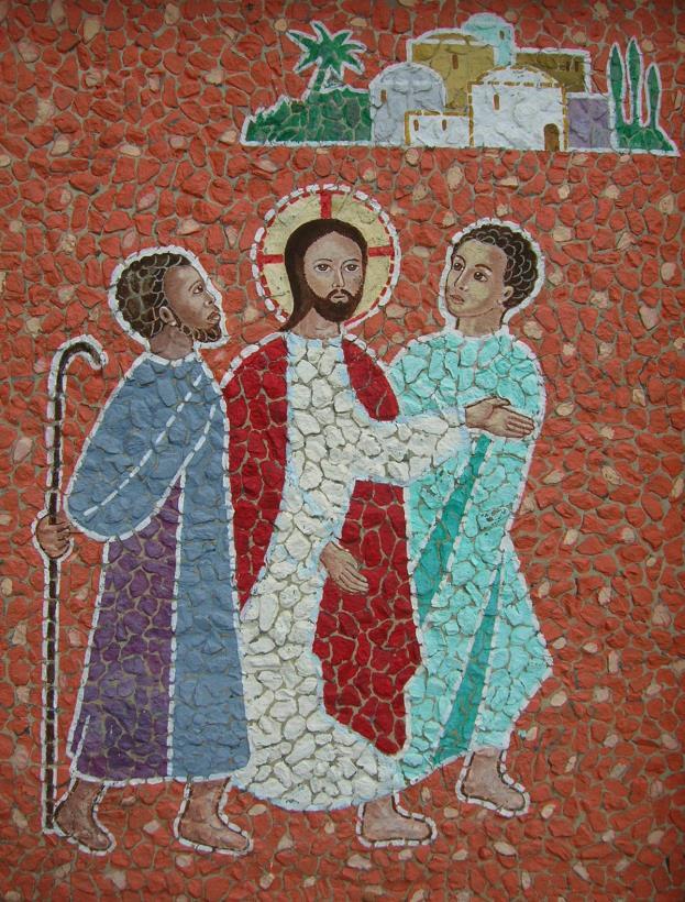 Fourth Station: Jesus joins two disciples on the road to Emmaus. Jesus said to them: What are you talking about as you walk along? They stood still with sad faces.