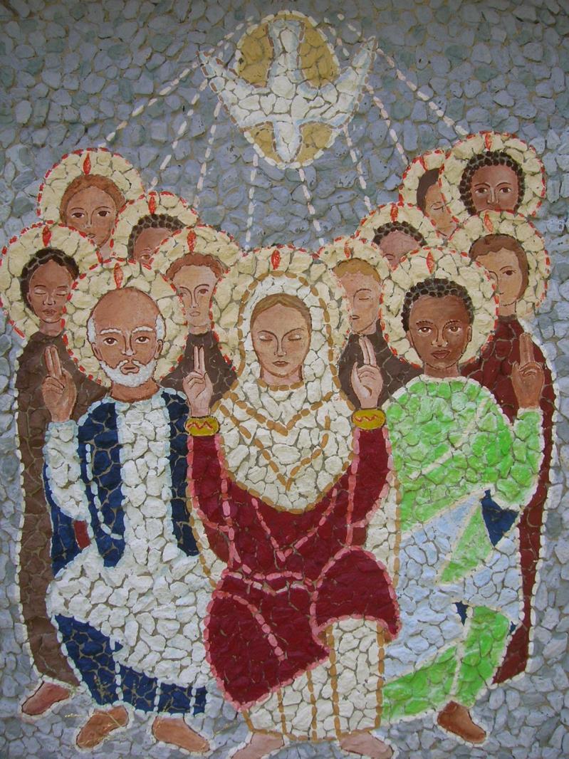 Fourteenth Station: Pentecost The Holy Spirit descends upon the apostles in the form of tongues of fire. When the day of Pentecost came, all the believers were gathered together in one place.