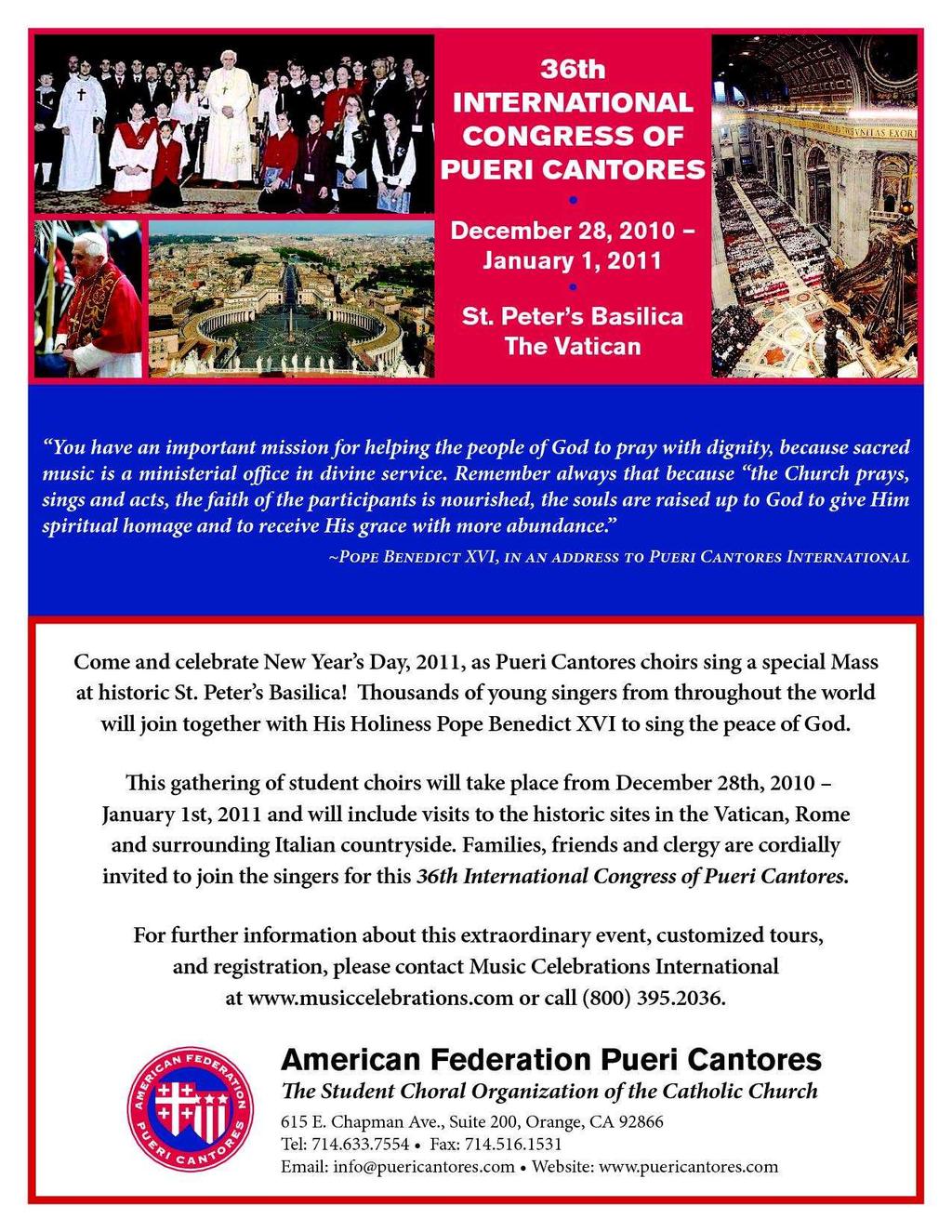Celebratory Mass with the Pope 2011 Start planning today! Click HERE Fundraising ideas available on the AFPC website.
