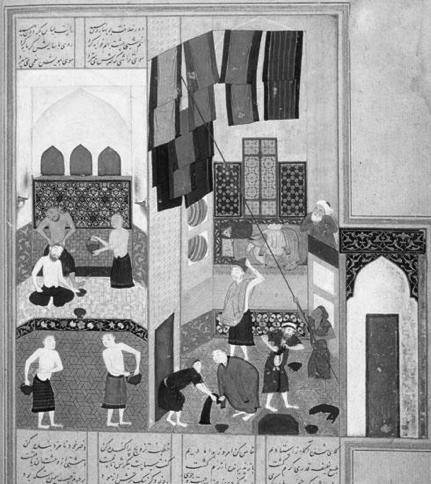 The Caliph Harun Al- Rashid Visits the Turkish Bath By: Kamal al- Din Bihzad Ink and pigments on paper, 1494 Asymmetrical composibon