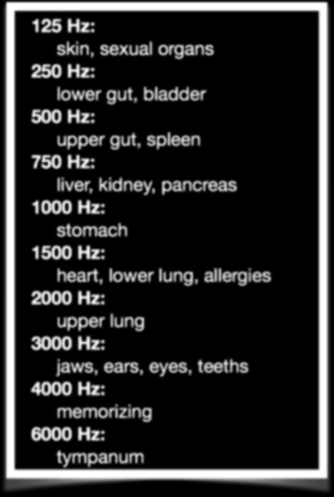Frequencies related to different parts of the body 125 Hz: skin, sexual organs 250 Hz: lower gut, bladder 500 Hz: upper