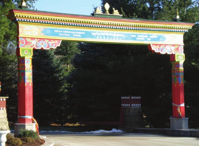 The brightly colored entrance welcomes visitors. The gate was designed by the cultural center s director, Arjia Rinpoche, who is also an architect.