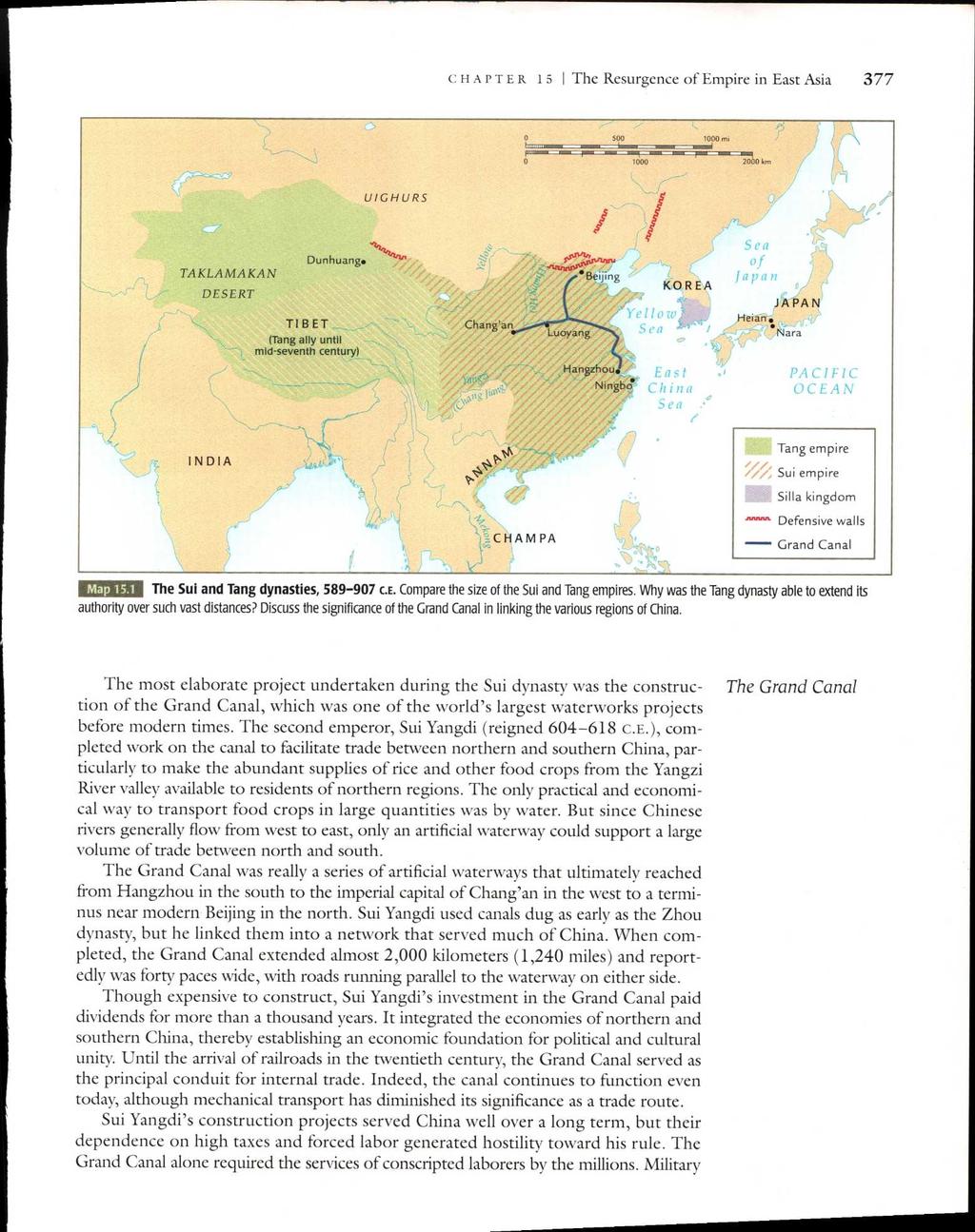 CHAPTER 15 I The Resurgence of Empire in East Asia 377 500 1000 mi 1000 2 UIGHURS TAKLAMAKAN DESERT Dunhuang BeJing TIBET Chang'an Luoyang (Tang ally until mid-seventh century) 77/ 7 // //,Hangzhou